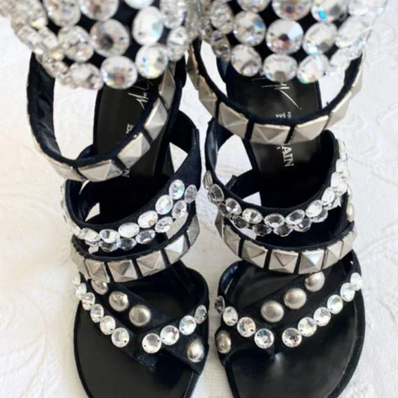 [SOLD] Giuseppe Zanotti x Balmain Black Suede Rhinestone Evening Sandals Heels - Picture 4 of 10